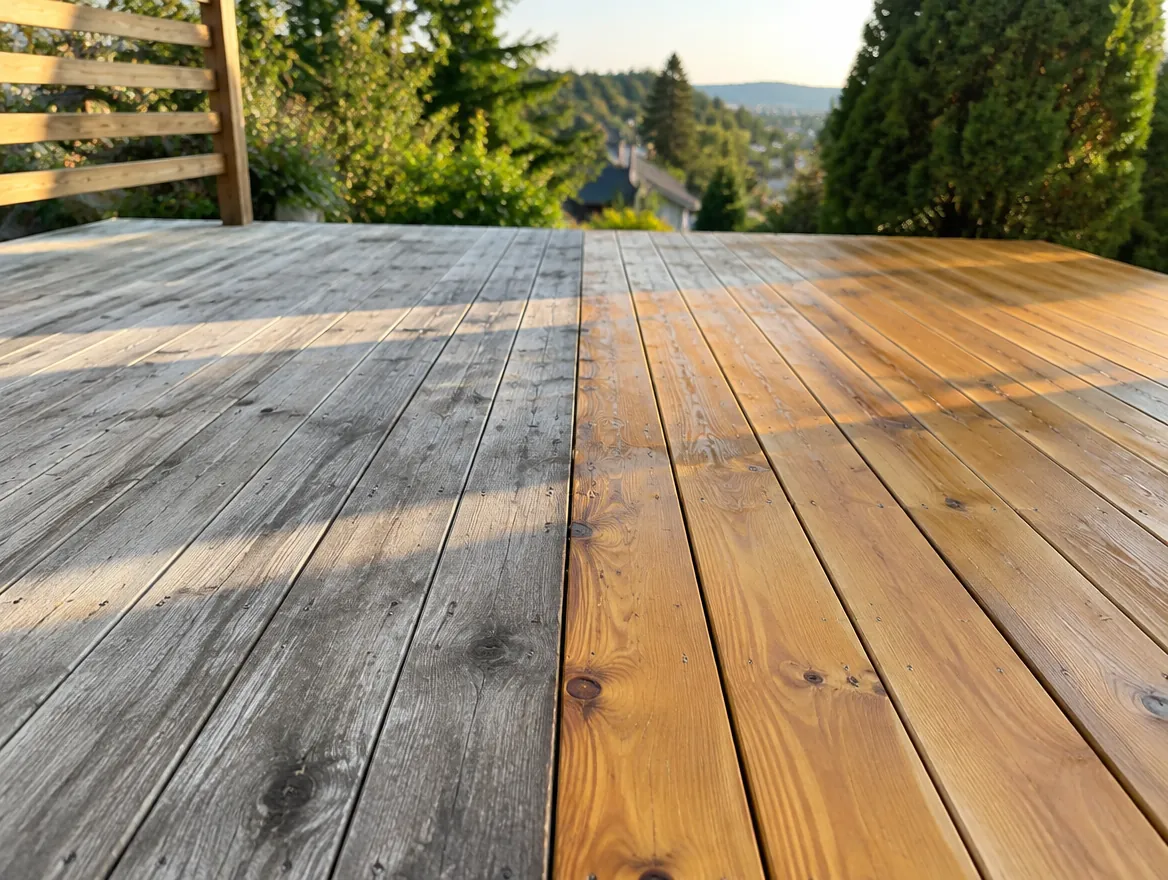 Terrassebord i furu, halvparten grå og værslitt, halvparten nyslipt og oljet i gyllen farge